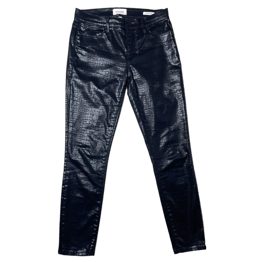 Frame Le High Crop Skinny Coated Croc-Embossed Jeans, Black, Size 26